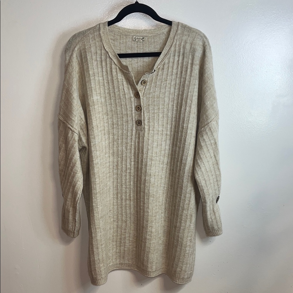 Free People Oatmeal Ribbed V-Neck Henley Tunic Sweater
